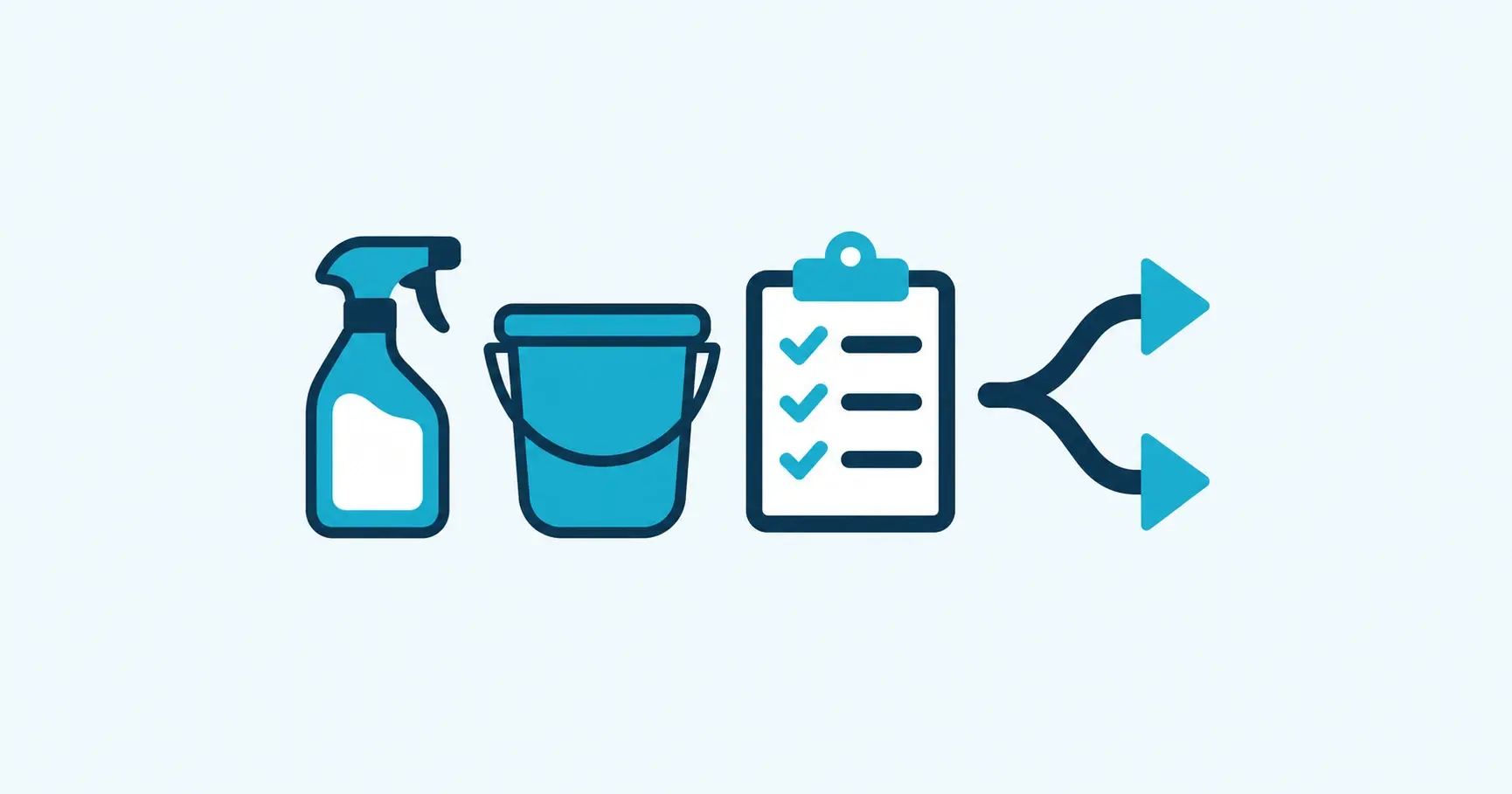Navy and cyan icons of a cleaning spray bottle, bucket, checklist and branching arrows representing cleaning-supply sourcing options.