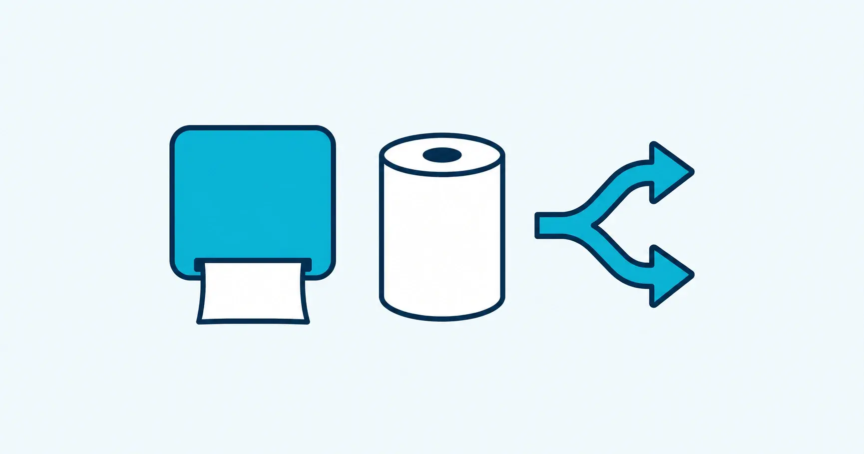 Navy and cyan icons of a paper towel dispenser, a refill roll and branching arrows representing supply choices.