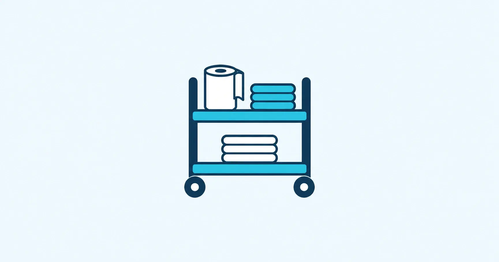 Navy-and-cyan janitorial cart icon holding a paper towel roll, folded microfiber cloths, and folded wipers.