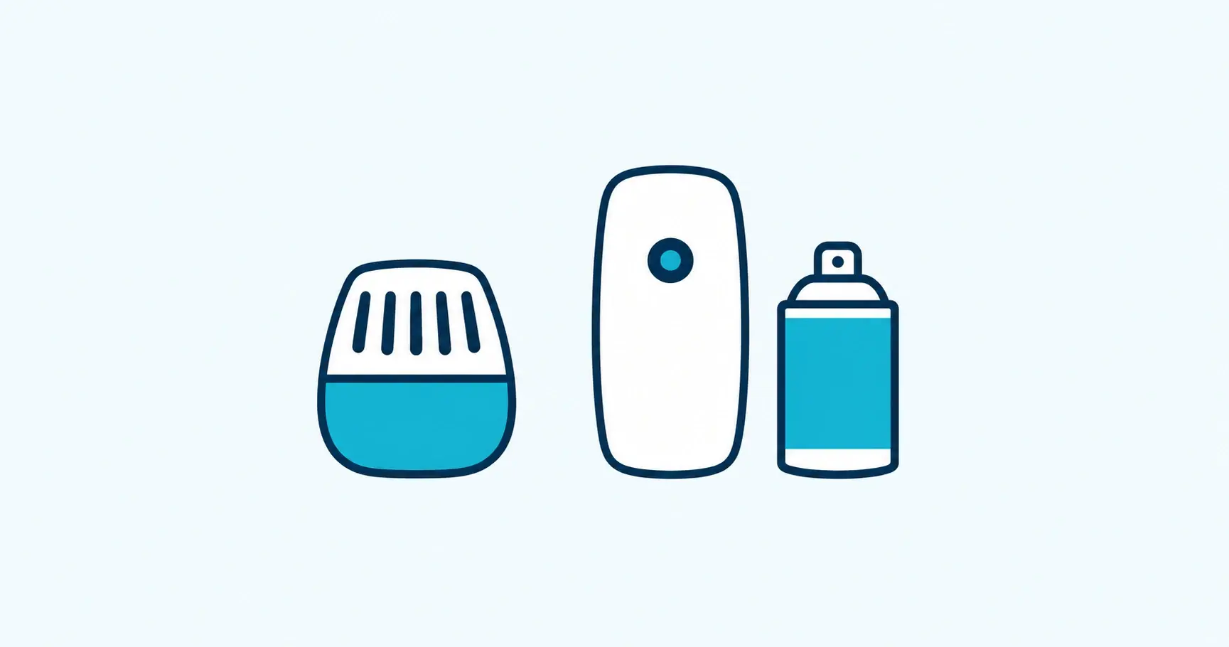 Flat icons of a vented gel air freshener beside an automatic aerosol dispenser and refill can.