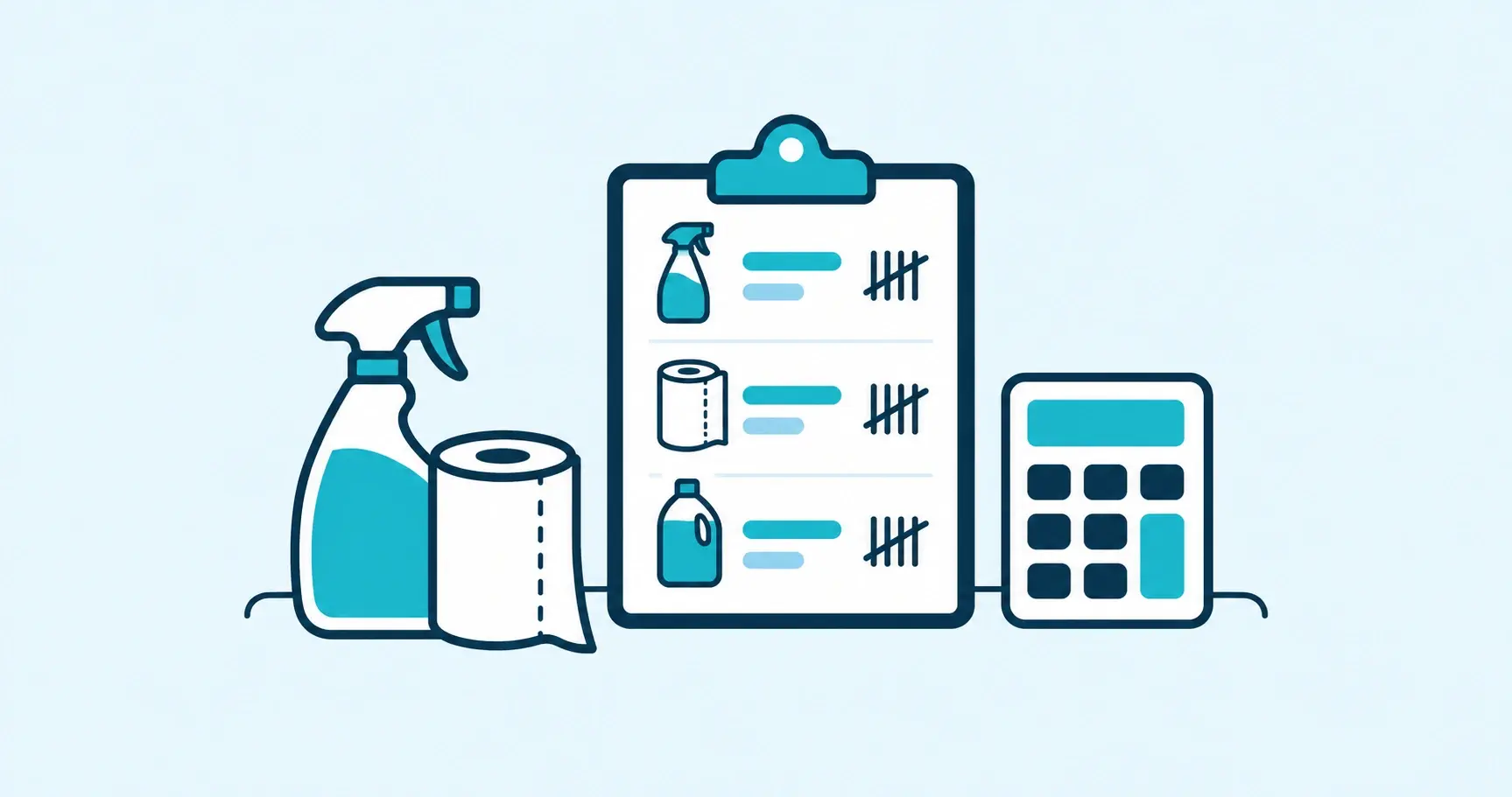 Navy and cyan icons of a supply checklist with tally marks, cleaning bottle, paper roll and calculator.