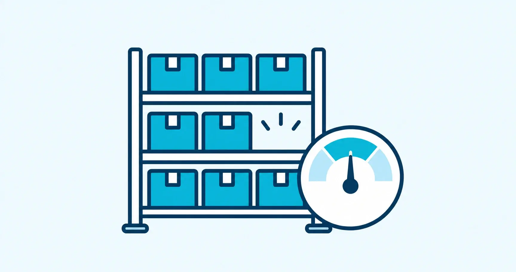 Navy and cyan supply-shelf icon with cartons, one open space and a stock-level gauge.